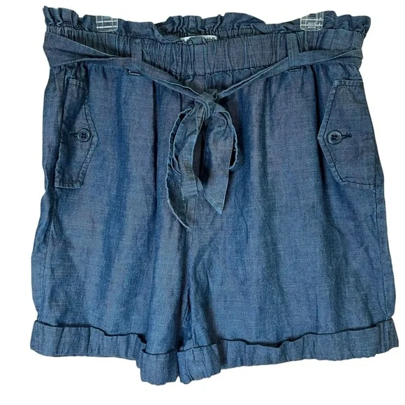 TRINA TURK Serenity High Waist Paper Bag Shorts Linen Blend Chambray Sz Large - Picture 6 of 10